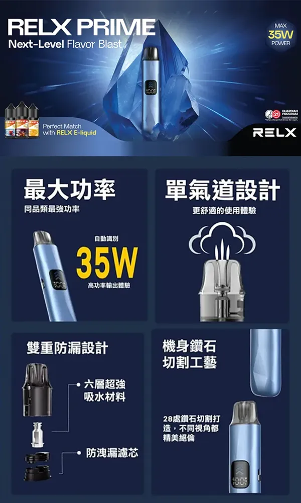 悅刻RELX PRIME 注油式電子煙主機套裝 產品特點